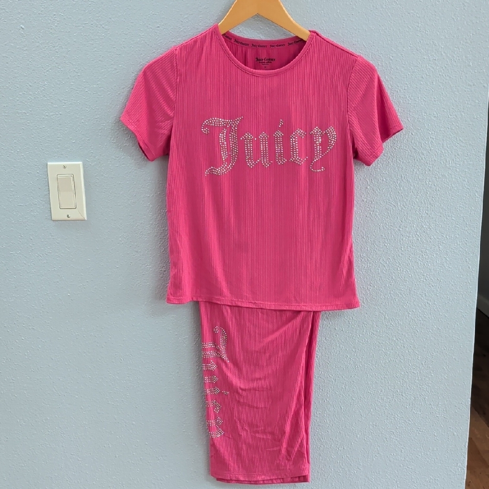 Juicy Couture Hot Pink Rhinestone 'Juicy' Short-Sleeve Pajama Pants Set Y2K